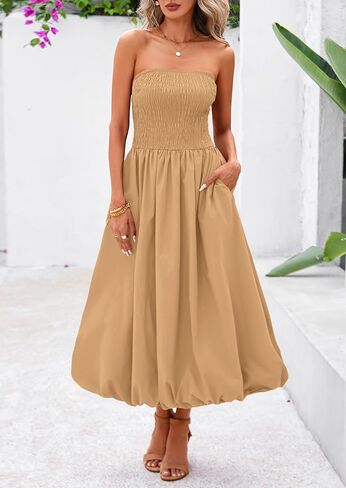 PRETTYGARDEN Women's 2025 Summer Strapless Tube Midi Dress Smocked A Line Bubble Long Flowy Casual Elegant Party Dresses in Saudi Arabia