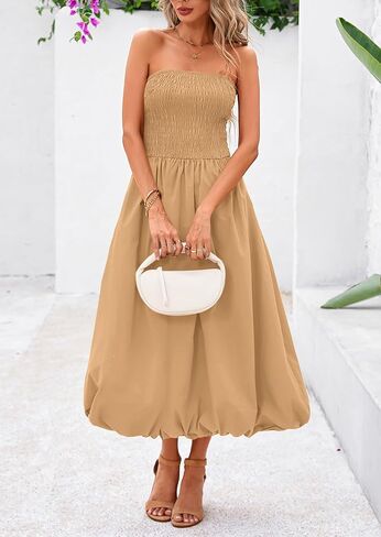 PRETTYGARDEN Women's 2025 Summer Strapless Tube Midi Dress Smocked A Line Bubble Long Flowy Casual Elegant Party Dresses in Saudi Arabia