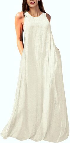 فستان Mingyuezai نسائي طويل من الكتان بدون أكمام، فساتين طويلة كاجوال مع جيوب in Kuwait