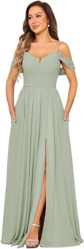 Women's Cold Shoulder Chiffon Bridesmaid Dresses with Slit Long Pleated A-line Formal Party Dress with Pockets RO044 in Saudi Arabia