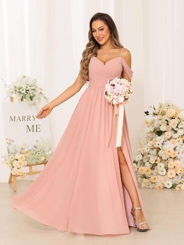 Women's Cold Shoulder Chiffon Bridesmaid Dresses with Slit Long Pleated A-line Formal Party Dress with Pockets RO044 in Saudi Arabia