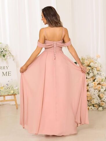 Women's Cold Shoulder Chiffon Bridesmaid Dresses with Slit Long Pleated A-line Formal Party Dress with Pockets RO044 in Saudi Arabia