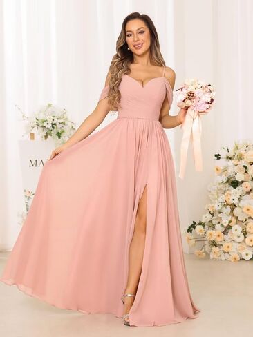 Women's Cold Shoulder Chiffon Bridesmaid Dresses with Slit Long Pleated A-line Formal Party Dress with Pockets RO044 in Saudi Arabia