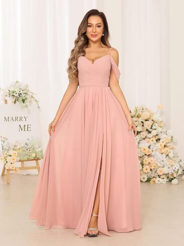 Women's Cold Shoulder Chiffon Bridesmaid Dresses with Slit Long Pleated A-line Formal Party Dress with Pockets RO044 in Saudi Arabia