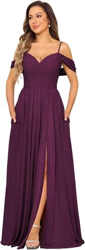 Women's Cold Shoulder Chiffon Bridesmaid Dresses with Slit Long Pleated A-line Formal Party Dress with Pockets RO044 in Saudi Arabia
