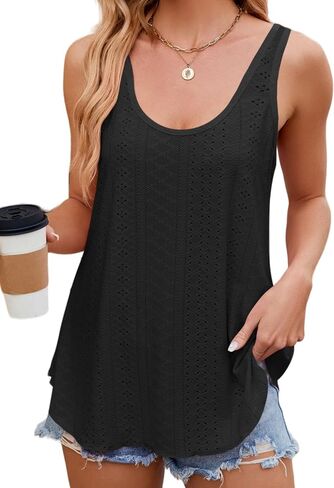 Flowy Eyelet Embroidery Summer Beach Tank Tops for Women Scoop Neck Sleeveless Casual Basic Tees Shirts 2024 in Saudi Arabia
