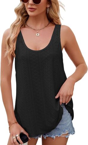 Flowy Eyelet Embroidery Summer Beach Tank Tops for Women Scoop Neck Sleeveless Casual Basic Tees Shirts 2024 in Saudi Arabia