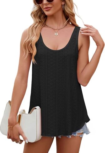 Flowy Eyelet Embroidery Summer Beach Tank Tops for Women Scoop Neck Sleeveless Casual Basic Tees Shirts 2024 in Saudi Arabia