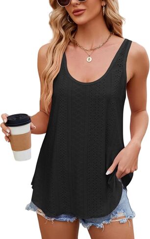Flowy Eyelet Embroidery Summer Beach Tank Tops for Women Scoop Neck Sleeveless Casual Basic Tees Shirts 2024 in Saudi Arabia