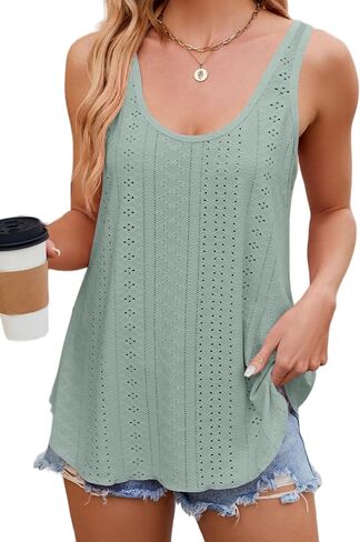 Flowy Eyelet Embroidery Summer Beach Tank Tops for Women Scoop Neck Sleeveless Casual Basic Tees Shirts 2024 in Saudi Arabia