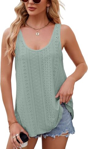 Flowy Eyelet Embroidery Summer Beach Tank Tops for Women Scoop Neck Sleeveless Casual Basic Tees Shirts 2024 in Saudi Arabia