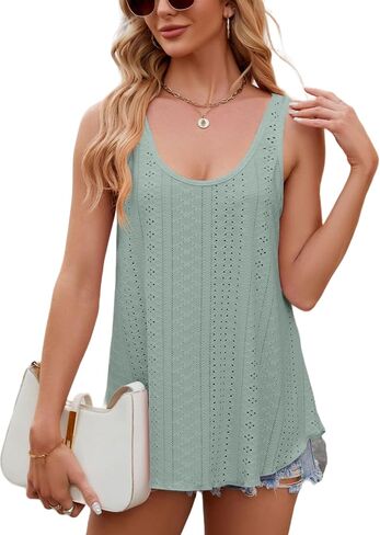Flowy Eyelet Embroidery Summer Beach Tank Tops for Women Scoop Neck Sleeveless Casual Basic Tees Shirts 2024 in Saudi Arabia