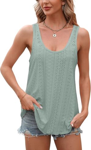 Flowy Eyelet Embroidery Summer Beach Tank Tops for Women Scoop Neck Sleeveless Casual Basic Tees Shirts 2024 in Saudi Arabia