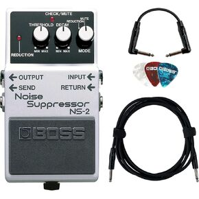 Boss NS-1X Noise Suppressor Bundle with Power Adapter, Roland Instrument Cable, Patch Cable, and Picks