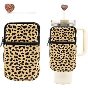 Water Bottle Pouch for Stanley Cup 40oz 30oz with 1pcs Straw Cover, Stanley Cup Accessories,Gym Accessories For Women,Tumbler Pouch with Pocket, Cards, Keys(Leopard)