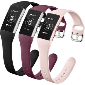 GEAK Compatible with Fitbit Charge 3 Bands/fitbit Charge 4 bands for Women, Slim Soft Silicon Replacement Band for Fitbit Charge 3/Charge 3 SE/Charge 4 Bands Women Men, Small Black/Navy Blue/Plum