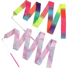 Bremorou 2 Pcs Dance Ribbons for Kids 78 Inch Sparkling Dance Ribbon Streamer Gymnastics Ribbon with Wand Twirling Dancing Ribbons Rhythmic Long Ribbon Streamers for Girls Adults