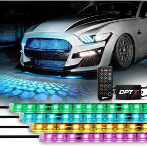 OPT7 Aura 4PCS LED Grille Lights with Remote Control, 12 inches IP67 Waterproof LED Strip Lights, Multi-Color, Dimmer, Fade, Cycle, Strobe, Peel'n'Stick Front Grill Valence, for Car Truck SUV