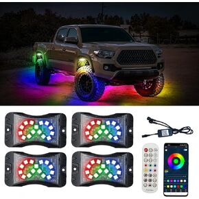RGBW LED Rock Lights Solid Color High Power App/RF Remote Control Voice Mode Music Mode, 4 Pod Dark Neon Multicolor Lighting for Off Road Trucks Sedans SUV UTV ATV Trailer Boats