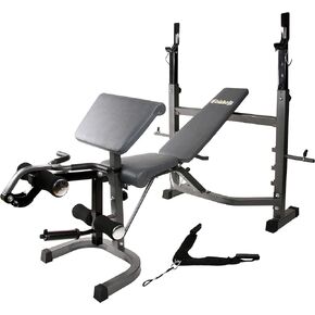 Body Champ Olympic Weight Bench, Workout Equipment for Home Workouts, Bench Press with Preacher Curl, Leg Developer and Crunch Handle At Dark Gray/Black, BCB5860