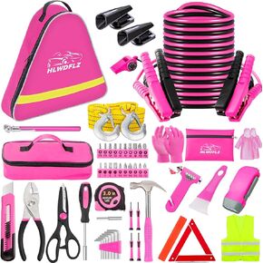 Car Roadside Emergency Kit - Pink Roadside Assistance Emergency Kit with Jumper Cables, Auto Tool Set, Deer Whistles, Winter Car Safety Roadside Assist Kit for Teen Girl and Ladies