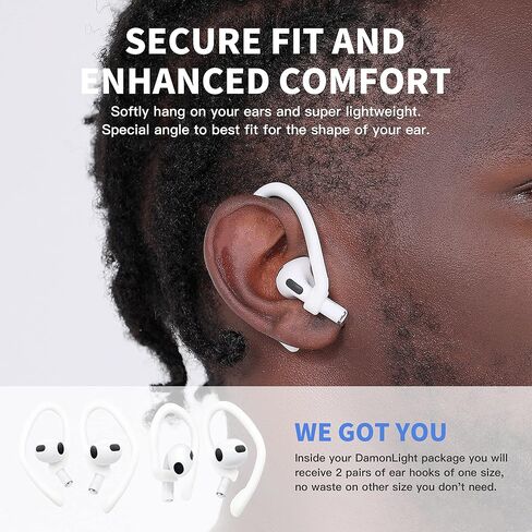 [2 Pairs] DamonLight Ear Hooks for AirPods Pro 2 & 1, AirPods 4 & 3 & 2 & 1, Airpod Ear Hook, Anti-Slip Comfortable Fit, Ergonomic Design, AirPods Accessories (Medium, White) in Kuwait