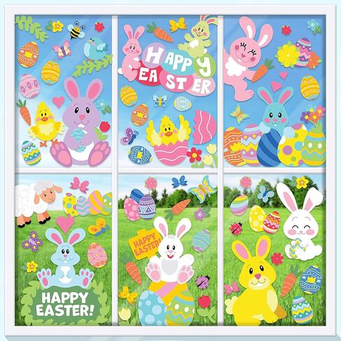JOYIN 130 Pcs Easter Window Cling Stickers for Home Decoration,Bunny Easter Eggs Glass Door Decals for Windows Decoration (12 Sheets) in Saudi Arabia