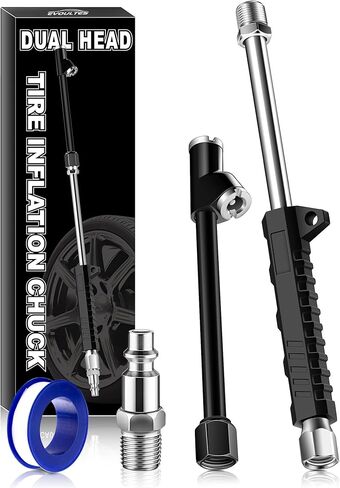 ظرف هواء برأس مزدوج ممتد مقاس 16.7 بوصة، وصلة ثنائية الاتجاه مقاس 1/4 بوصة NPT مع قبضة مطاطية، مجموعة ملء هواء الإطارات ذات القدم المستقيمة لقياس منفاخ الإطارات وضاغط الهواء in Kuwait