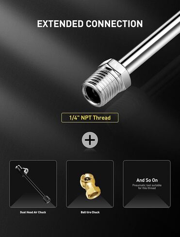 ظرف هواء برأس مزدوج ممتد مقاس 16.7 بوصة، وصلة ثنائية الاتجاه مقاس 1/4 بوصة NPT مع قبضة مطاطية، مجموعة ملء هواء الإطارات ذات القدم المستقيمة لقياس منفاخ الإطارات وضاغط الهواء in Kuwait