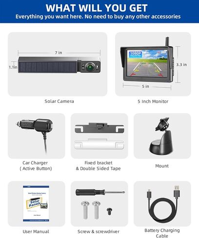 كاميرا احتياطية لاسلكية تعمل بالطاقة الشمسية مع رؤية ليلية بالأشعة تحت الحمراء، تثبيت لمدة 3 دقائق بدون أسلاك، مجهزة بشاشة 5 بوصة عالية الدقة 1080 بيكسل، كاميرا عكسية مقاومة للماء IP69K للسيارات والشاحنات والمقطورات RV in Kuwait