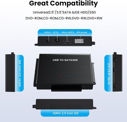 EYOOLD USB 3.0 إلى SATA IDE محول قارئ القرص الصلب الخارجي كابل محول لمحرك الأقراص الصلبة العالمي 2.5/3.5 HDD/SSD القرص الصلب محرك الأقراص الضوئية in Saudi Arabia
