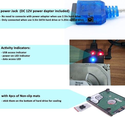 DTech Slim USB to Hard Drive Cable HDD SSD 3.5 2.5 Inch 22 pin SATA to USB 2.0 Adapter with Power Supply LED Indicators External Converter for Laptop Desktop Computer SATAIII Disk Data Transfer in Saudi Arabia