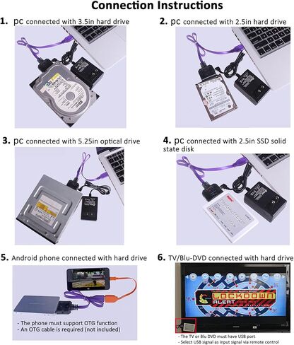 DTech Slim USB to Hard Drive Cable HDD SSD 3.5 2.5 Inch 22 pin SATA to USB 2.0 Adapter with Power Supply LED Indicators External Converter for Laptop Desktop Computer SATAIII Disk Data Transfer in Saudi Arabia