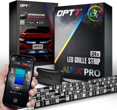 OPT7 Aura PRO Bluetooth 4pc LED Lighting Kit for Grille | 12" Multi-Color Strips w/SoundSync - Waterproof Peel'n'Stick Front Grill Valence - App Enabled- iOS & Android in Kuwait
