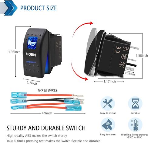 Momentary Horn Button Waterproof Rocker Switch Toggle - ON/OFF Blue LED Light - 12V 20Amp 24V 10Amp, 5 Pin For Automotive Cars Vehicles Marine Boats Trucks Trailers 4x4 Caravans RVs SUV ATV UTV & More in Saudi Arabia