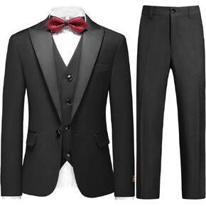 Boys Suits 3 Piece Slim Fit Formal Set One Button Solid Tuxedo Jacket Vest Pant for Kids Prom Wedding 4-16 Years Peak Lapel