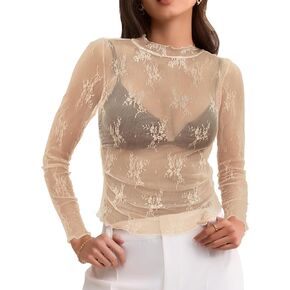 LEANI Women's 2024 Sheer Mesh Crop Top Long Sleeve Mock Neck Lace Floral See Through Y2K Shirt Blouses