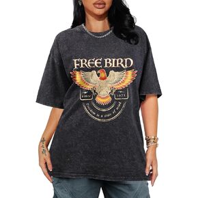 Flafens Oversized Acid Wash Vintage T Shirts for Women - Graphic Tees Womens Retro Cotton Cute Cool Loose Tshirts Teens Girls