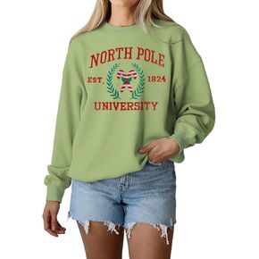 IZYJOY Christmas North Pole University Sweatshirt Women Xmas Candy Embroidered Shirt Crewneck Oversized Holiday Pullover Top