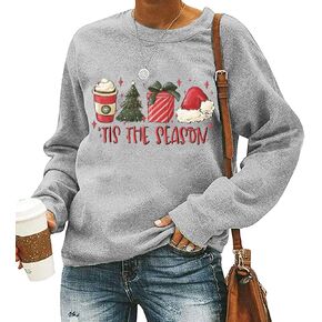QIANRUO Tis The Season Christmas Sweatshirt Women Cute Xmas Tree Graphic Tee Casual Long Sleeve Winter Holiday Pullover Tops