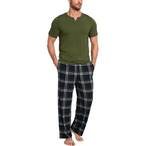 Men's Pajamas Set Short Sleeve Sleepwear Soft Pjs Top with Pants Cool Loungewear Set,Viscose Made from Bamboo