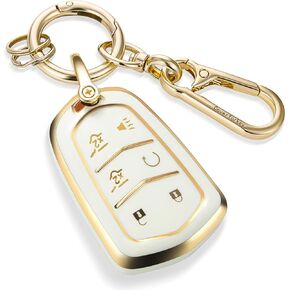 for Cadillac Key Fob Cover with Upgraded Anti loss Durable Metal Keychain, Fashionable Soft Case for Escalade CTS SRX XT5 ATS ESV CT6 (6 Buttons) Key (Gold, A2)
