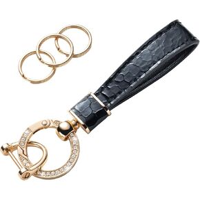Gematay Leather Car Keychain, Universal Car Key Fob Keychain Holder for Men and Women with 3 Keyrings, Anti-lost D-ring and Bling Metal Clip, Blue
