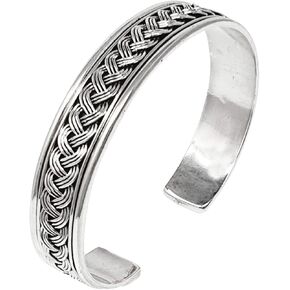Mens Silver Bangle Bracelet - 925 Sterling Silver Bangle, Open Cuff Silver Bracelet Braided Details Adjustable