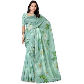 Women's Hand Painted Floral Organza Saree Without Blouse Piece