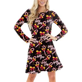 Christmas Women Candy Cane Dress Festival Winter Holiday Xmas Printed Holly Jolly Dresses S