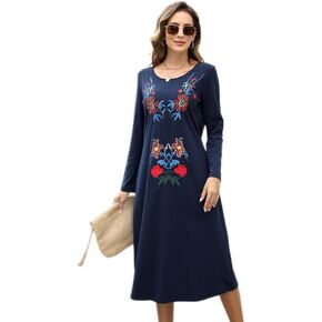 AK Women's Long Sleeve Embroidered Dresses A-line and Flare Midi Long Sleeve Fall Dress Loose Swing Casual Dresses