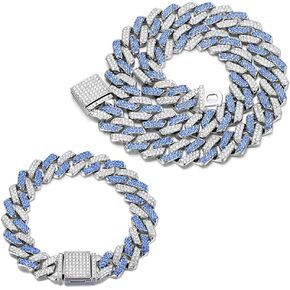 2 PCS Blue Cuban Link Chain Cuban Link Diamond Chain Necklace Bracelet Bling Iced Out Hip Hop Jewelry for Men Women