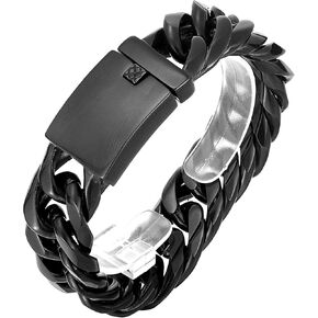 ROWIN&CO Heavy Mens 25mm Wide Stainless Steel Curb Cuban Link Chain Bracelet, Hip Hop Urban Streetwear Jewelry, 9" Wrist Chain, Available in Rainbow/Blue/Rose Gold/Black Chains.