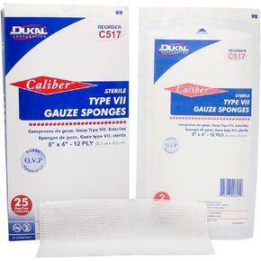 Dukal Type VII Gauze Sponges 8" x 4". Pack of 50 Sterile Wound Pads 12-ply. Sterile 100% Сotton Gauze Sponges, Wound Care Dressing Pads for Cleaning, Prepping. Wound Care Gauze Bandages, C517